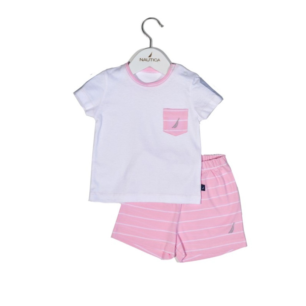 Nautica Des.12 Σετ T-Shirt & Shorts Jersey Organic Ροζ Ριγέ 80cm 9-12m