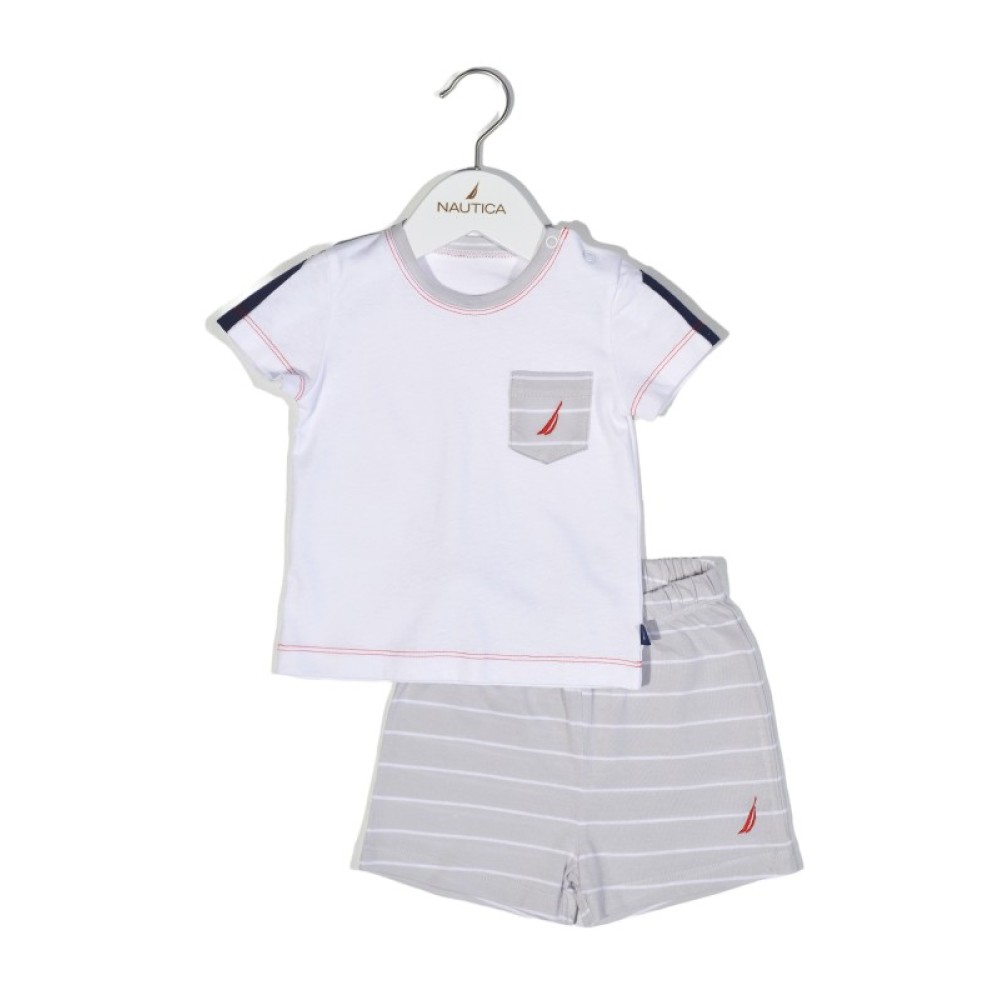 Nautica Des.15 Σετ T-Shirt & Shorts Jersey Organic Γκρι Ριγέ  68cm  3-6m