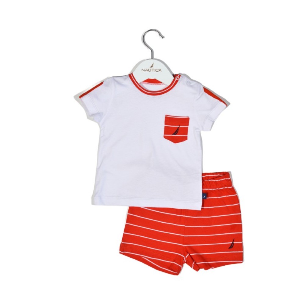 Nautica Des.16 Σετ T-Shirt & Shorts Jersey Organic Κόκκινο Ριγέ 74cm