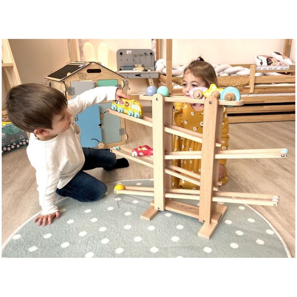 EliNeli Race XXL Montessori Ξύλινη Πίστα Αγώνων Σετ με Λεωφορείο και Αυτοκίνητο