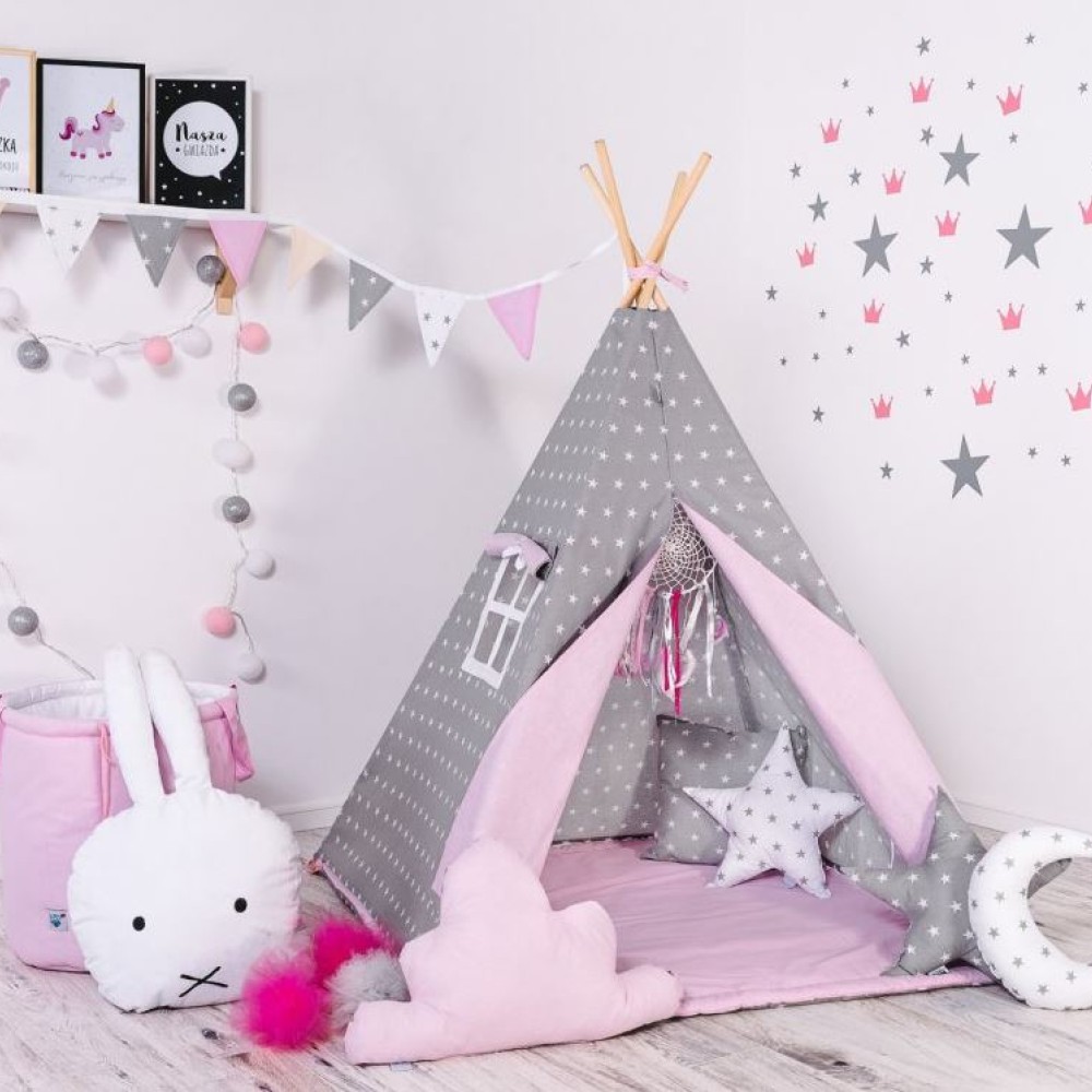 Elis Design Παιδική Σκηνή Σετ με Μαξιλάρια Gray Pink Stars